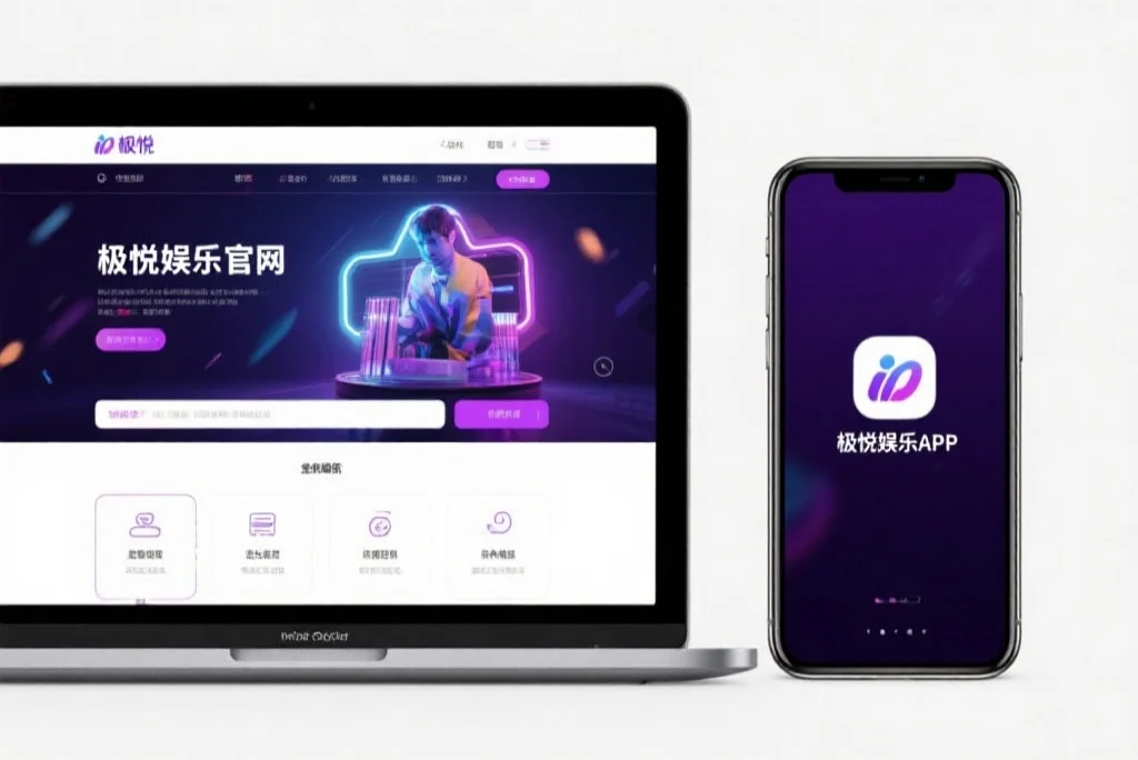 一台笔记本电脑屏幕上显示着极悦娱乐官网的界面，旁边是一部手机显示着极悦娱乐APP，两者并列对比